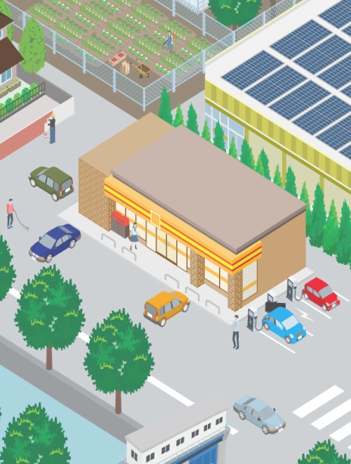 太陽光パネルや水門がある街のイラスト